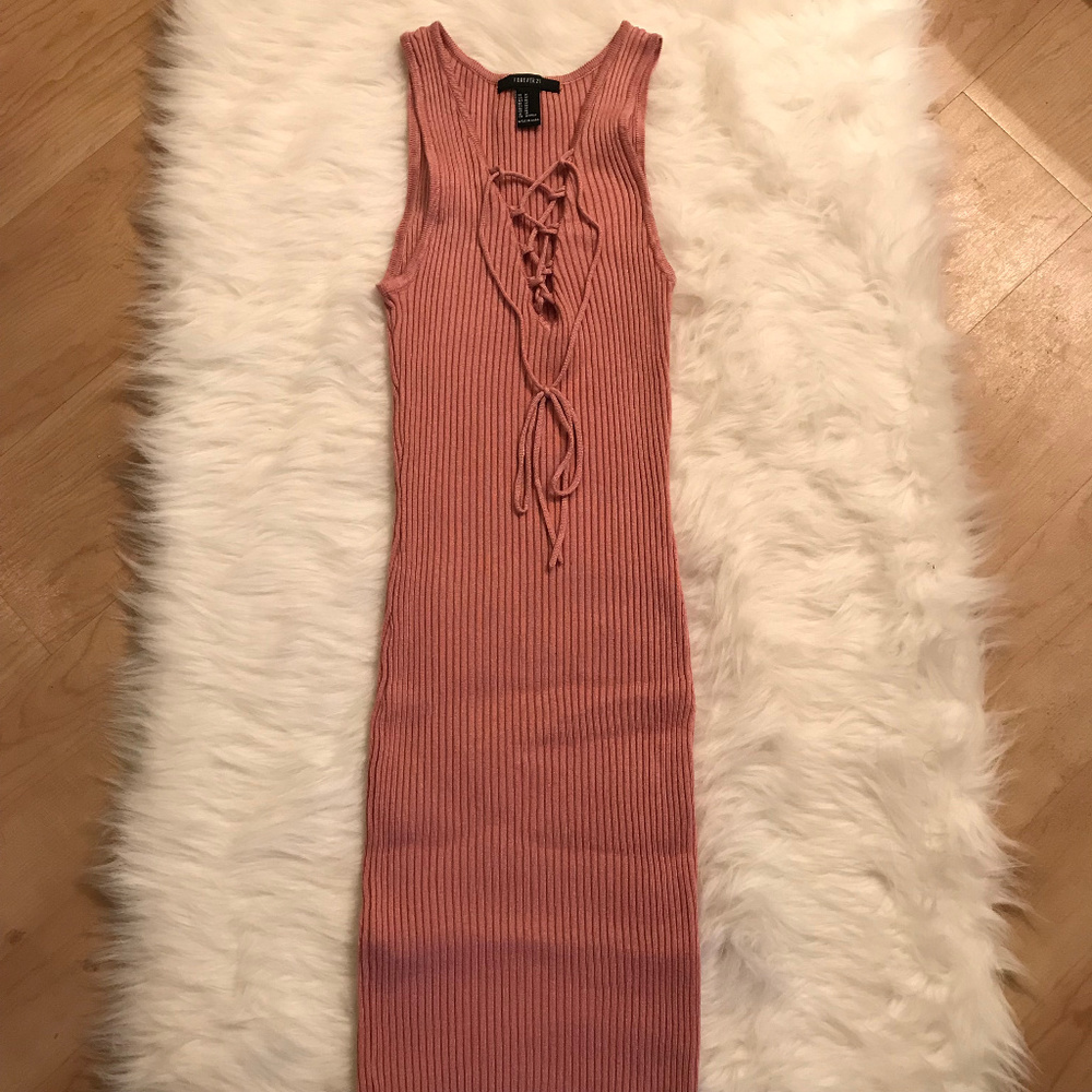 Forever 21 Pink bodycon Midi Dress Lace Up Front M